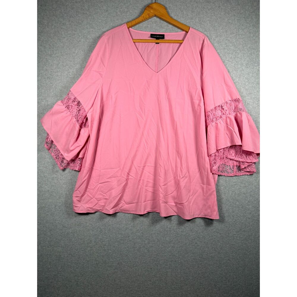 Lane Bryant Womens 22/24 Pink Lace Bell Sleeve V Neck Blouse Plus Size 3883